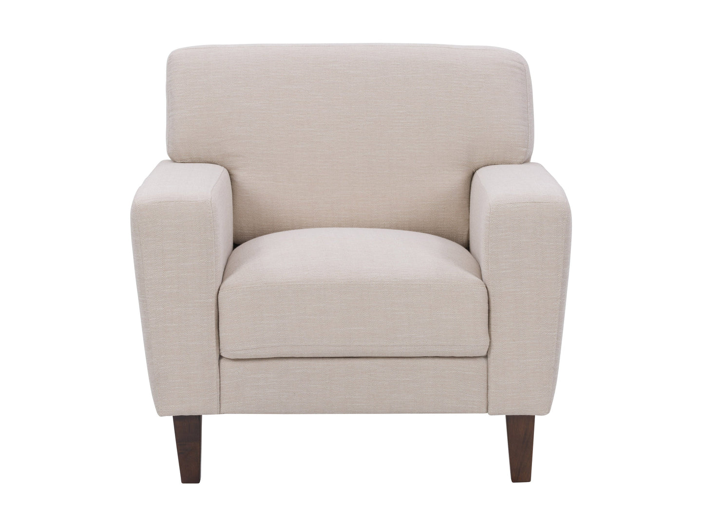 Beige arm chair with tufted cushions, wooden legs, and a modern design. Perfect for living room or office spaces.