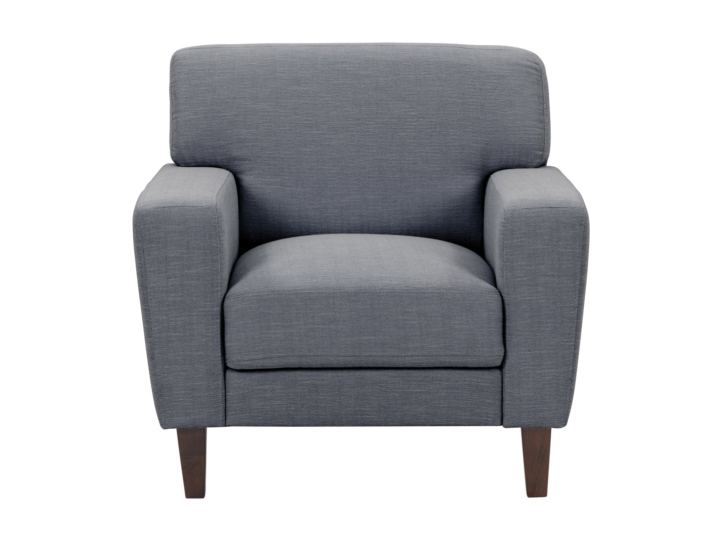 Grey fabric armchair with wooden legs, tufted backrest, and modern minimalist design.