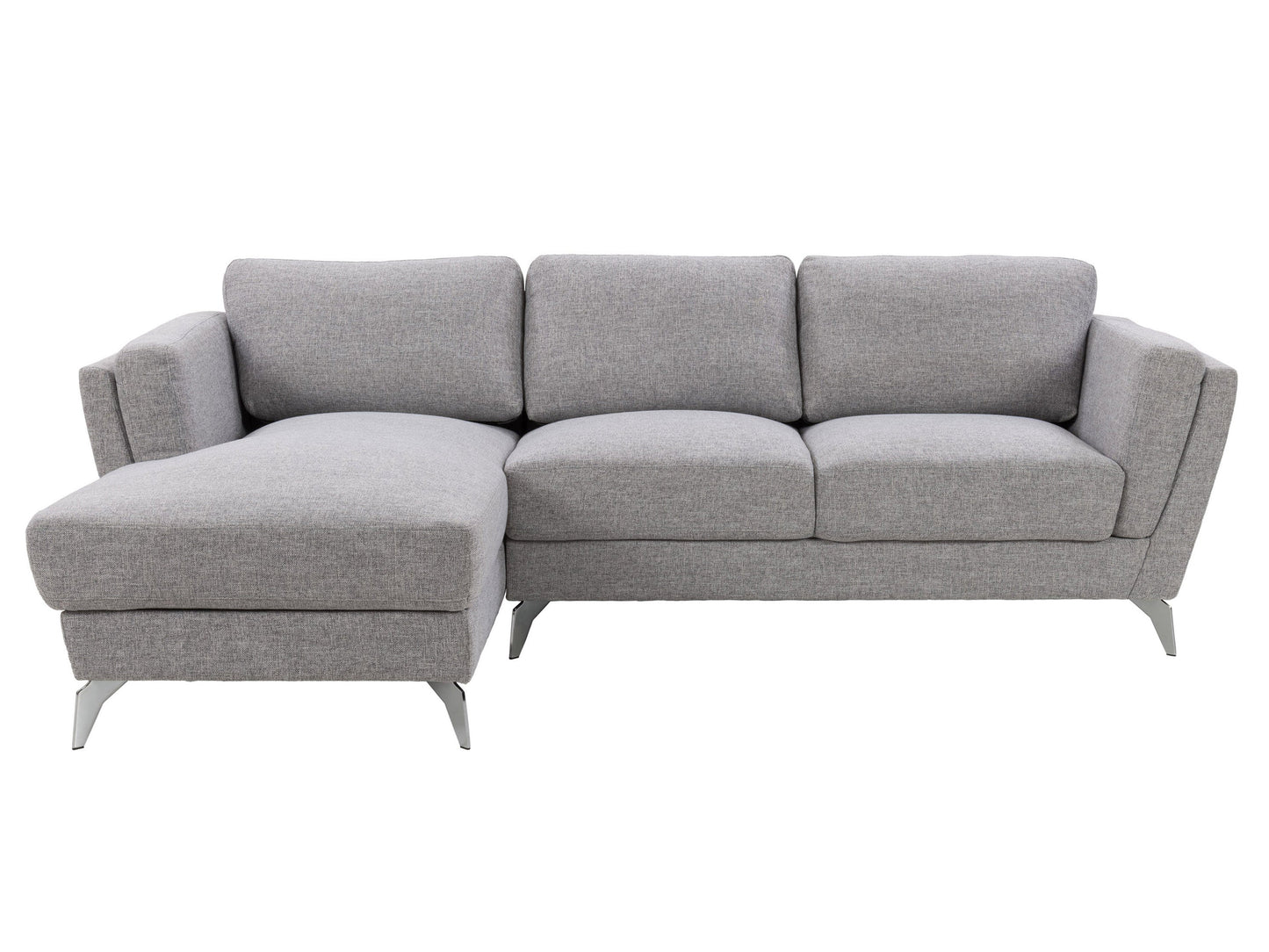 Light grey L-shaped sectional sofa, left facing, with tufted cushions and wooden legs.