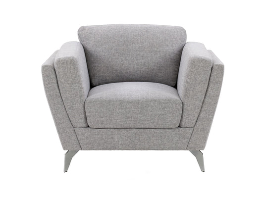 Light grey upholstered arm chair with wooden legs, tufted back, and contemporary design.