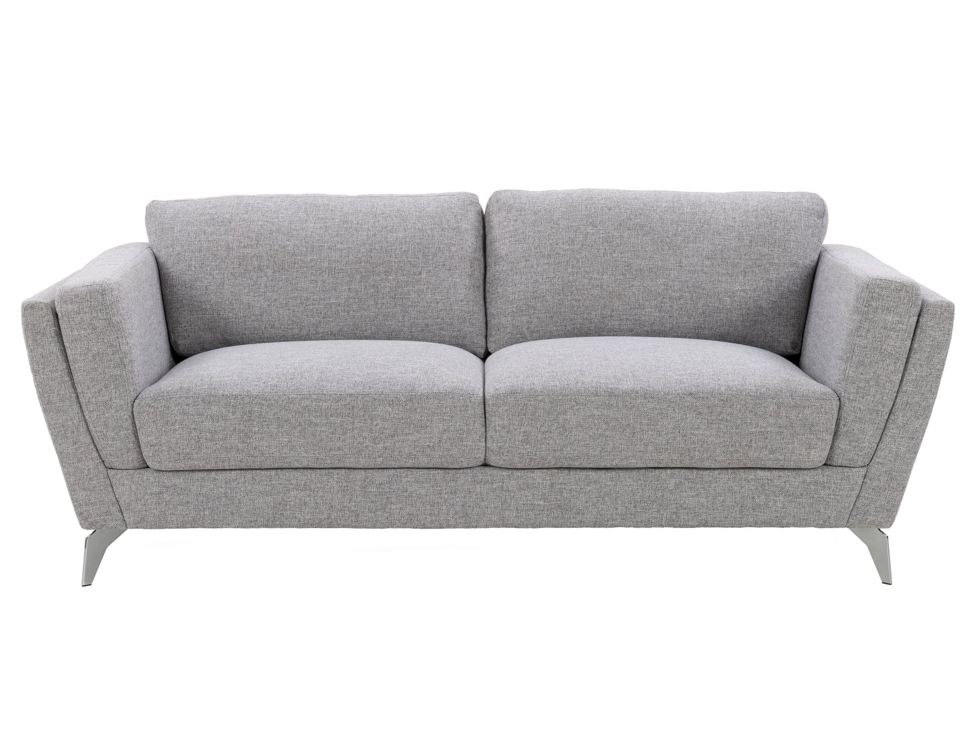 Light grey 3 seater sofa with tufted cushions, wooden legs, and minimalist design.