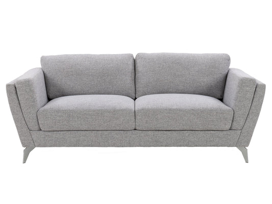 Light grey 3 seater sofa with tufted cushions, wooden legs, and minimalist design.