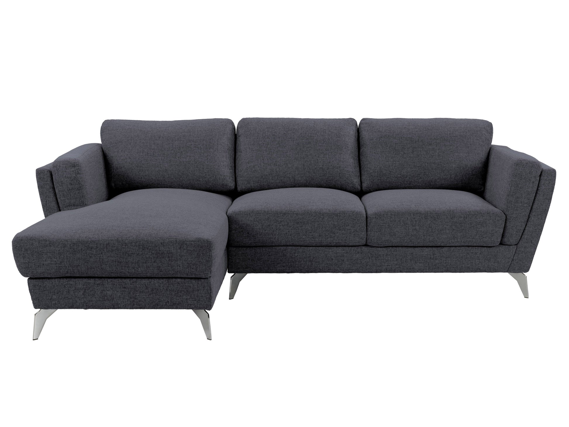 Deep blue L-shaped sectional sofa, left facing, with plush cushions and wooden legs for modern living rooms.