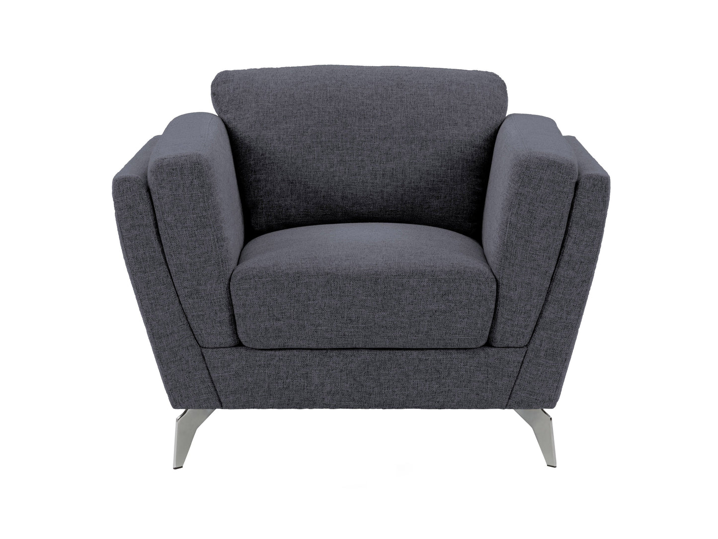 Deep blue upholstered arm chair with wooden legs, tufted backrest, and modern design.