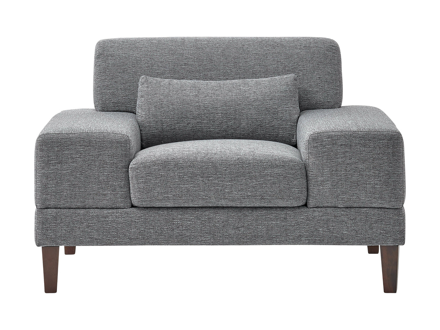 Wide grey fabric armchair with wooden legs, padded seat, and wide armrests for modern living rooms.