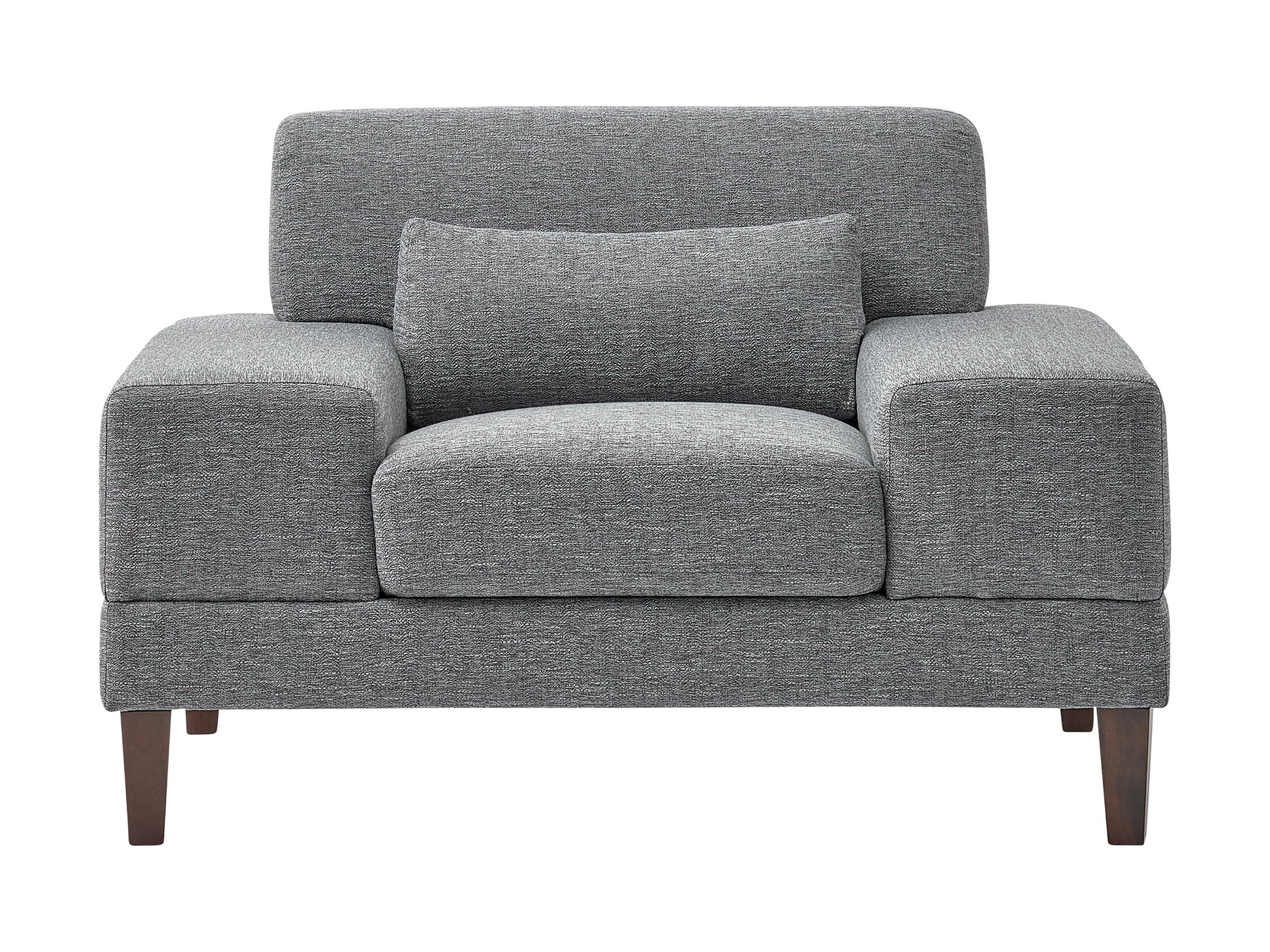 Wide grey fabric armchair with wooden legs, padded seat, and wide armrests for modern living rooms.