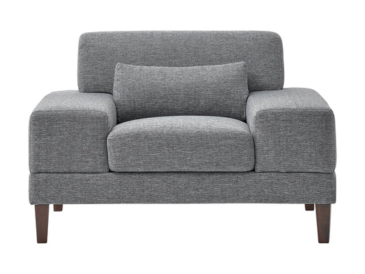 Wide grey fabric armchair with wooden legs, padded seat, and wide armrests for modern living rooms.
