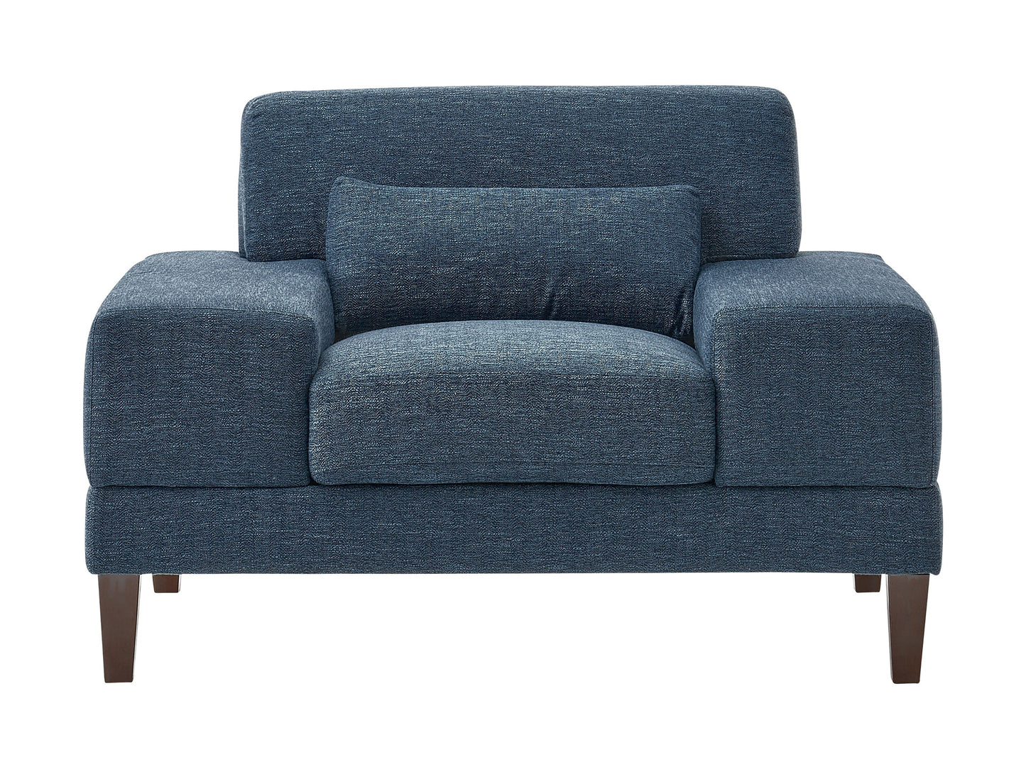 Blue wide arm chair with plush cushions, wooden legs, and modern design.