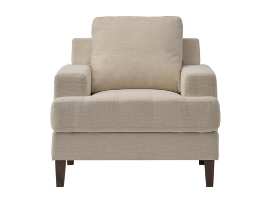 Mid-century beige armchair with wooden legs, upholstered fabric, and tufted backrest.