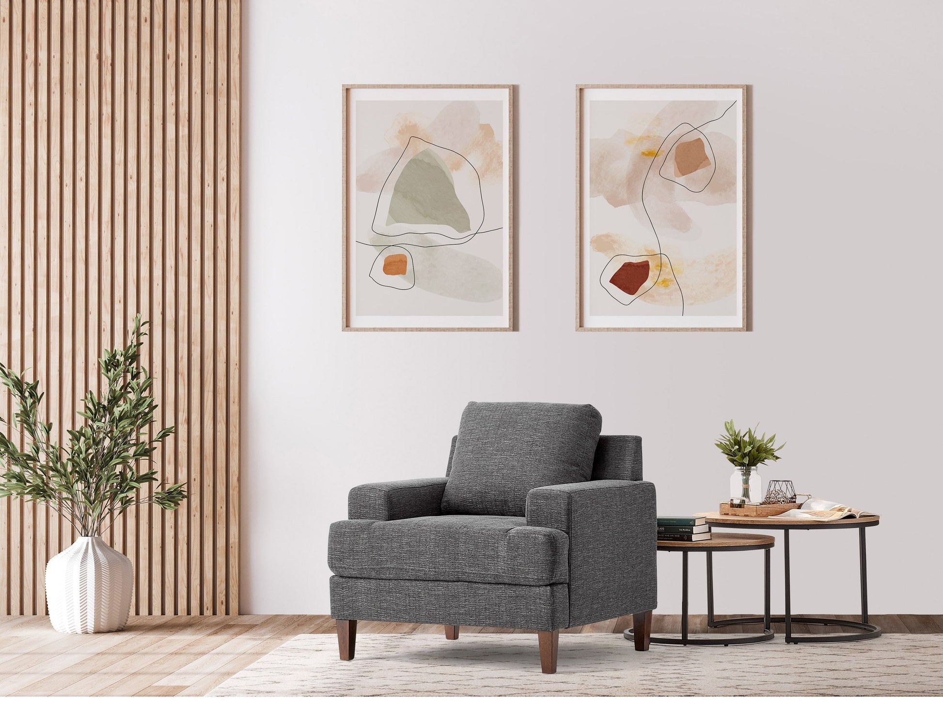 Dark grey mid-century armchair with wooden legs, tufted cushions, and a minimalist design.