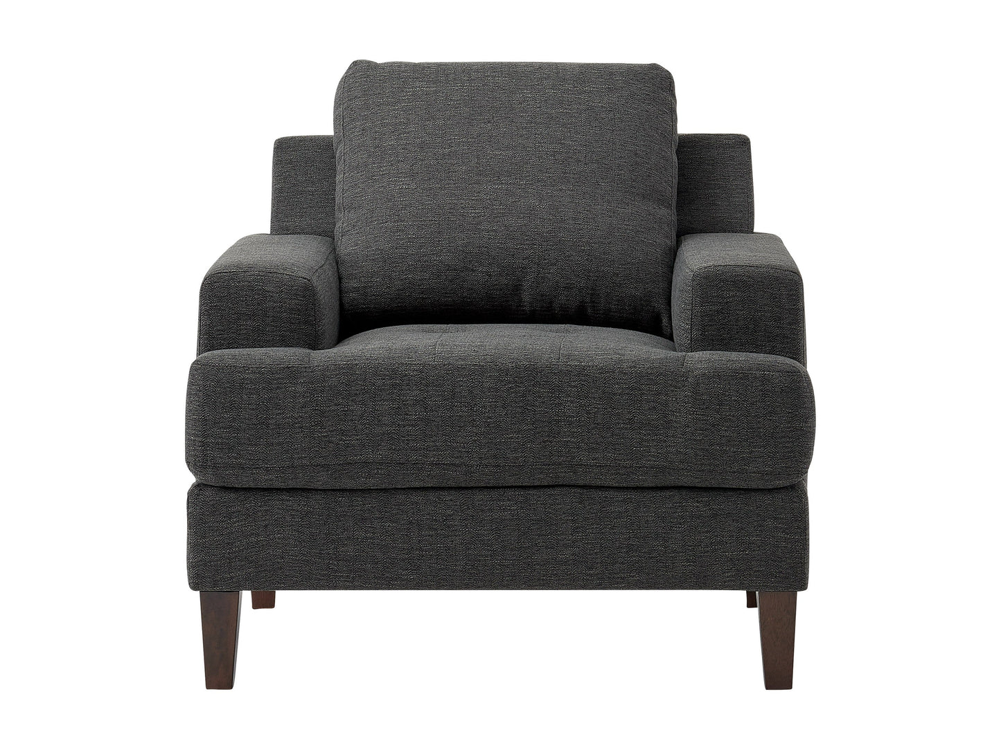 Mid Century dark grey fabric arm chair with wooden legs and tufted cushions.