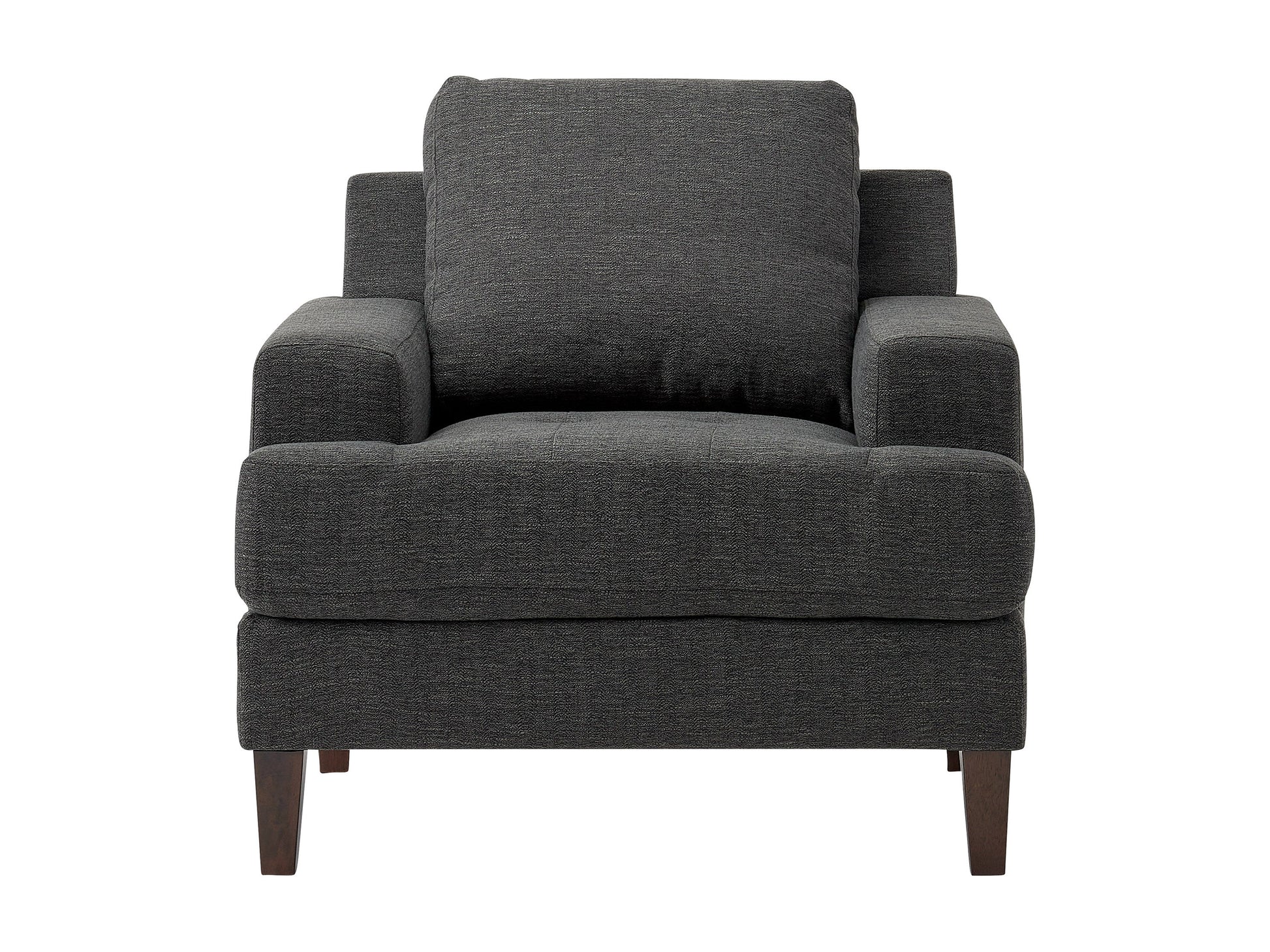 Mid Century dark grey fabric arm chair with wooden legs and tufted cushions.