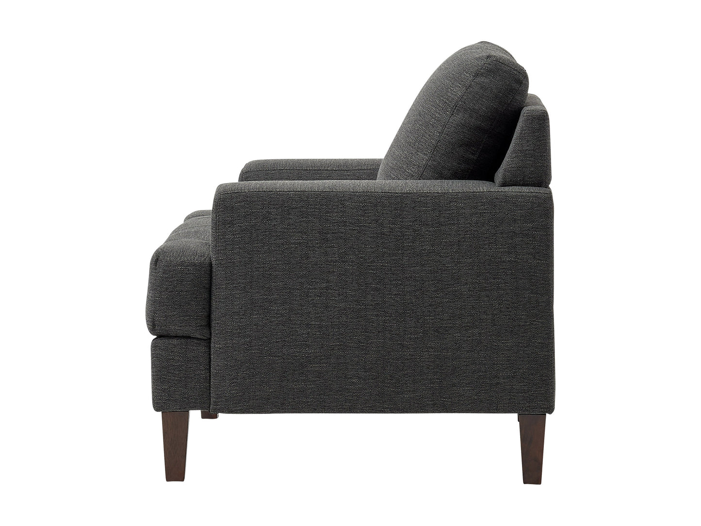 Mid-century dark grey armchair with wooden legs, fabric upholstery, and tufted backrest.