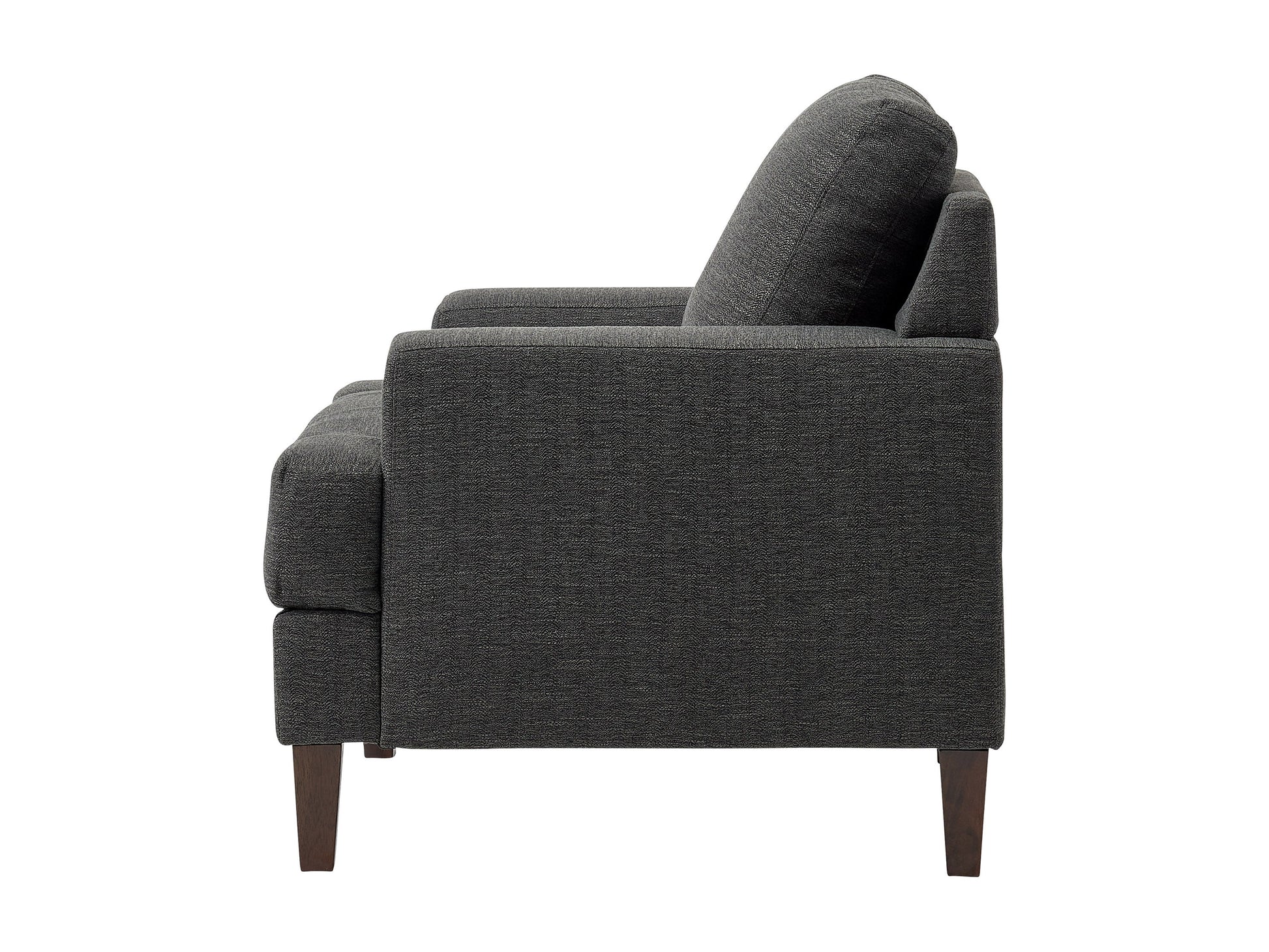 Mid-century dark grey armchair with wooden legs, fabric upholstery, and tufted backrest.