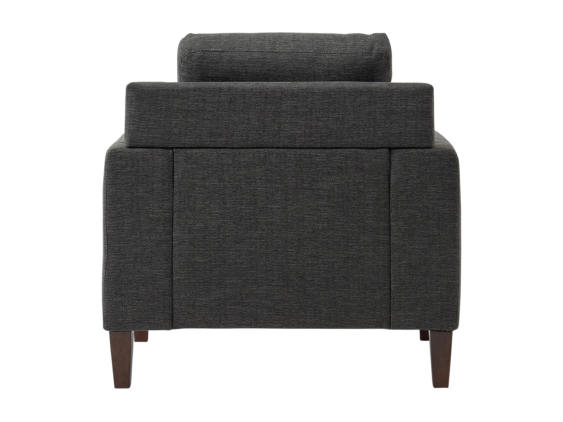 Dark grey mid-century arm chair with wooden legs and tufted backrest.