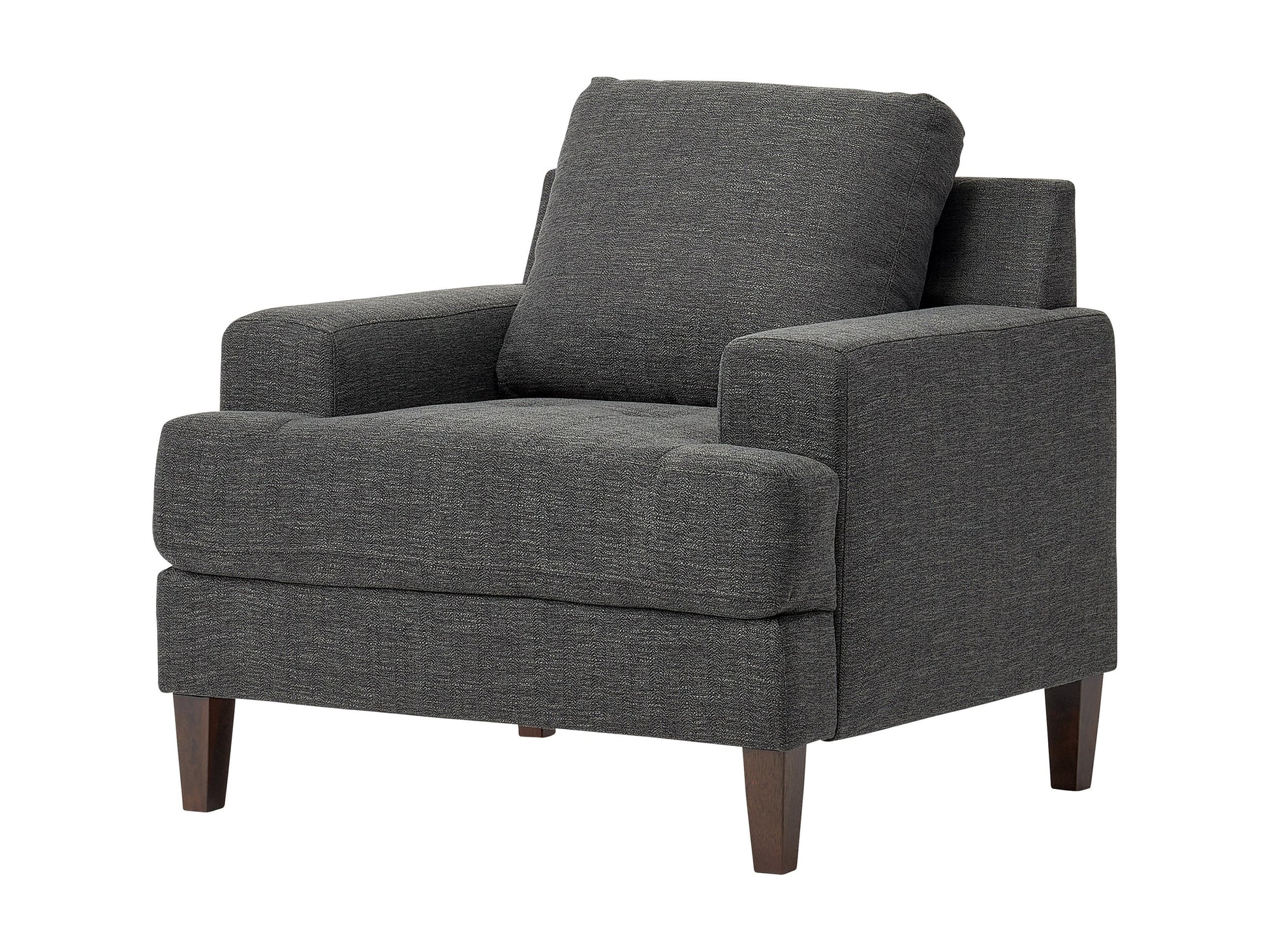 Dark grey mid-century armchair with wooden legs, tufted backrest, and sleek modern design.