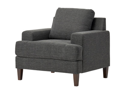 Dark grey mid-century armchair with wooden legs, tufted backrest, and sleek modern design.