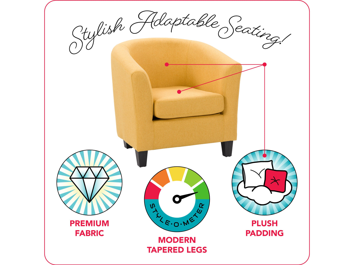 Yellow tub chair with tufted back, wooden legs, and soft fabric upholstery.