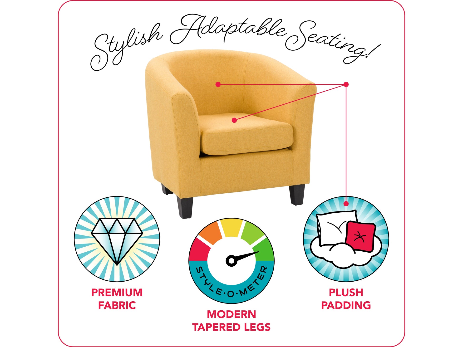 Yellow tub chair with tufted back, wooden legs, and soft fabric upholstery.