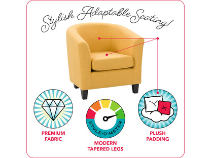 Yellow tub chair with tufted back, wooden legs, and soft fabric upholstery.