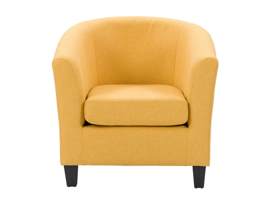 Yellow tub accent chair with plush cushioning and wooden legs, perfect for modern living room decor.