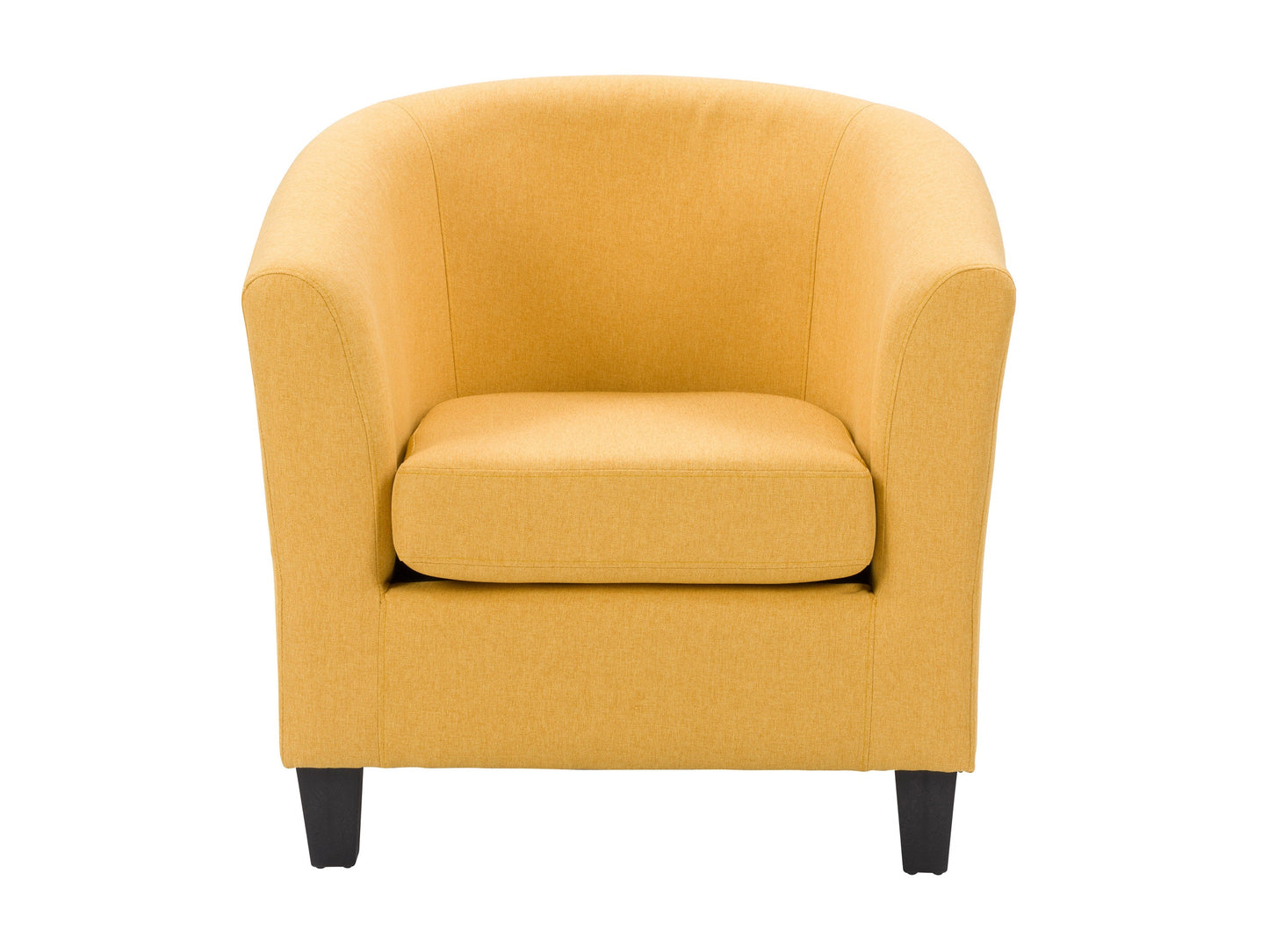 Yellow tub accent chair with plush cushioning and wooden legs, perfect for modern living room decor.