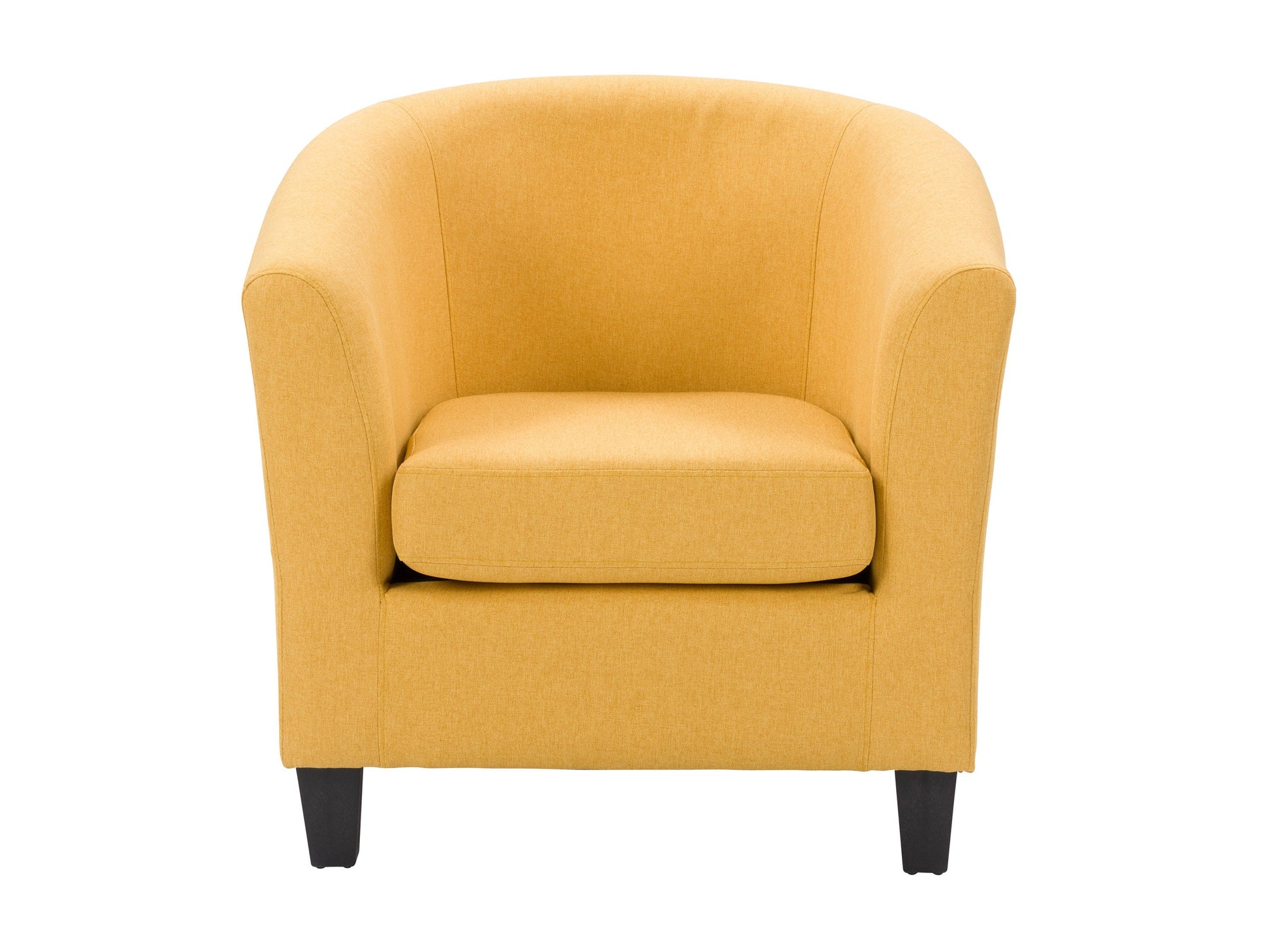Yellow tub accent chair with plush cushioning and wooden legs, perfect for modern living room decor.