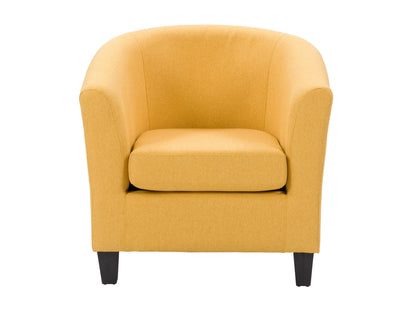 Yellow tub accent chair with plush cushioning and wooden legs, perfect for modern living room decor.