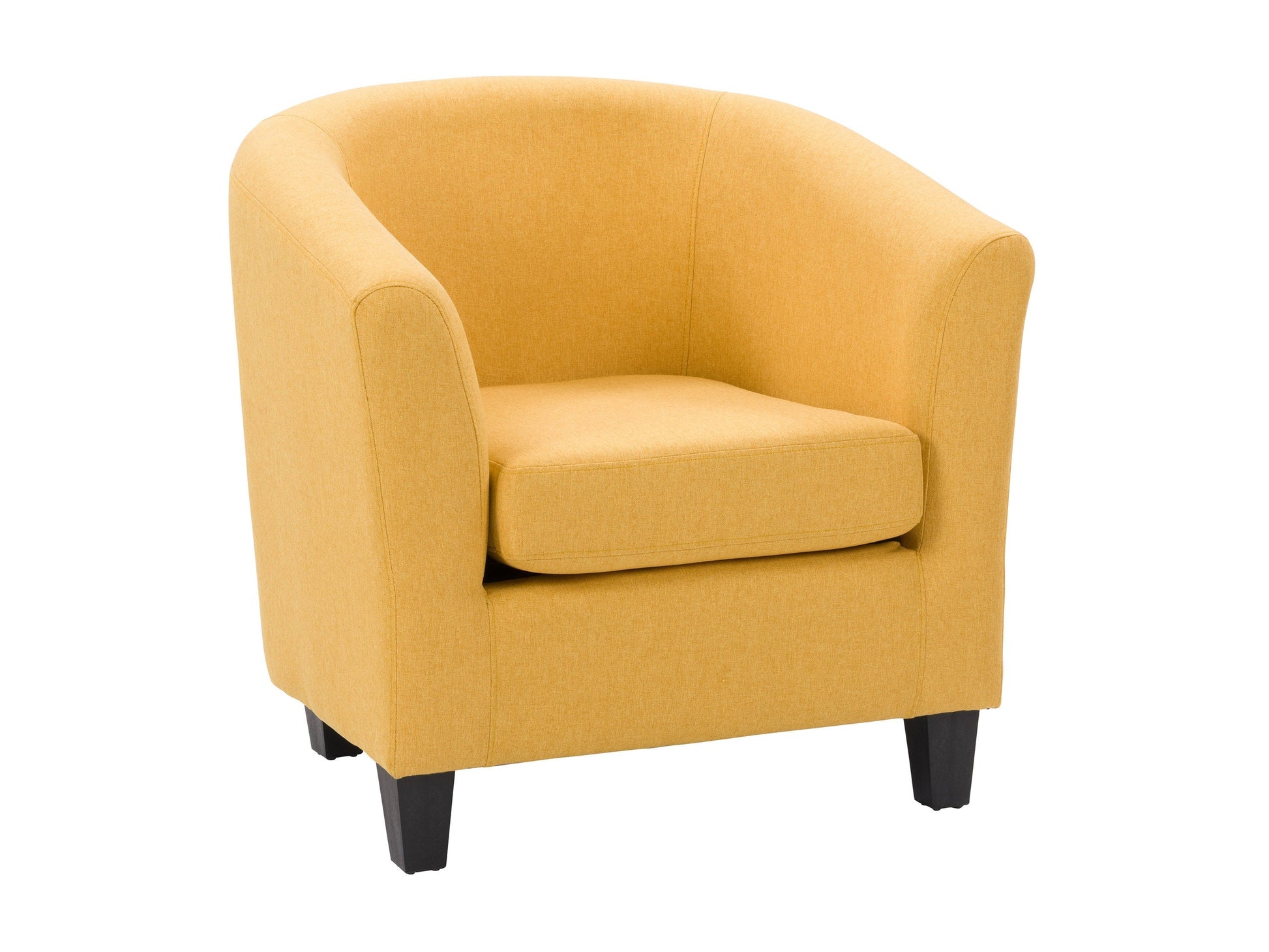 Yellow tub chair with curved back, wooden legs, and plush fabric upholstery for a modern accent piece.
