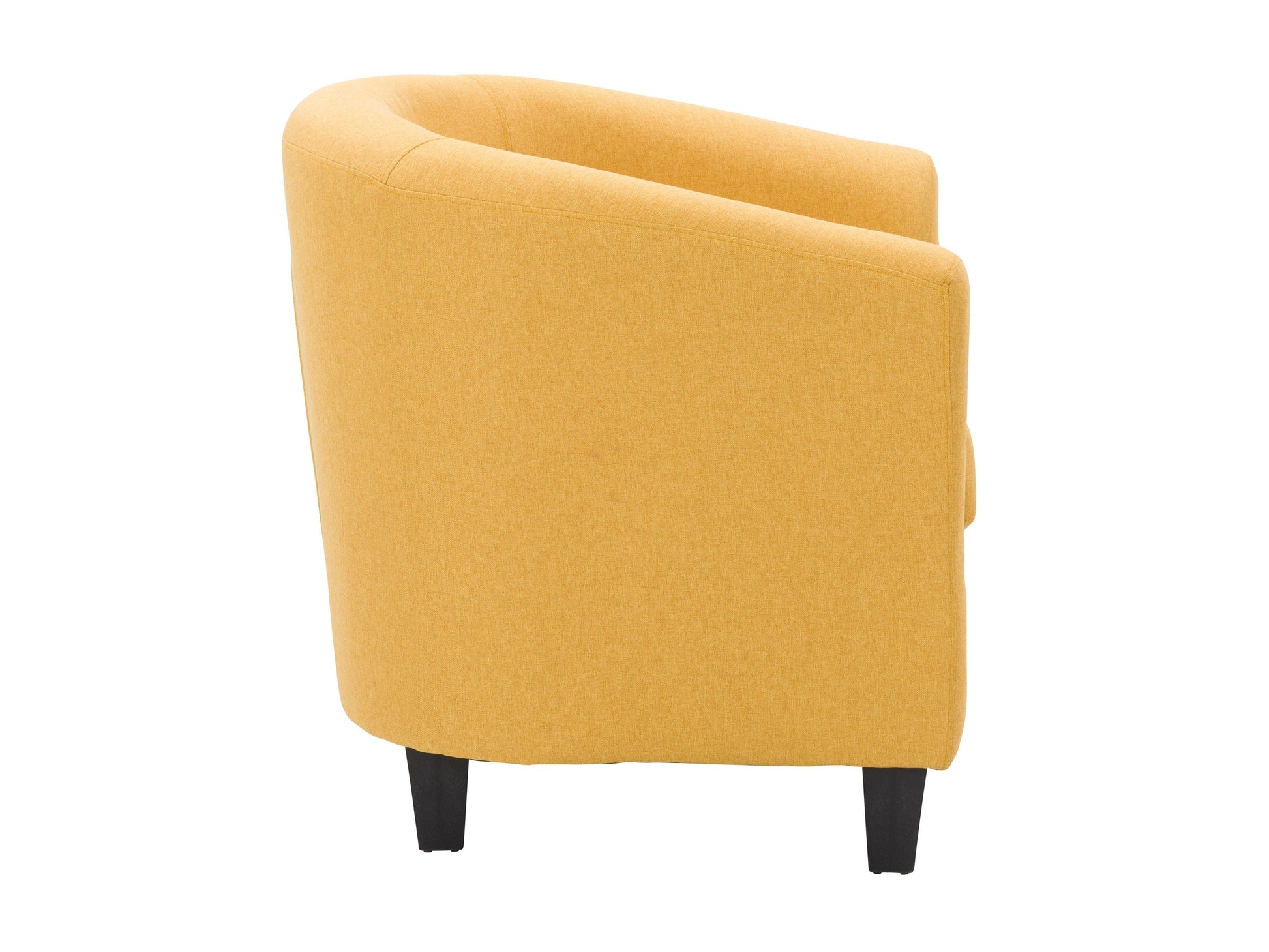 Yellow tub accent chair with plush fabric, rounded backrest, and wooden legs for modern living room decor.