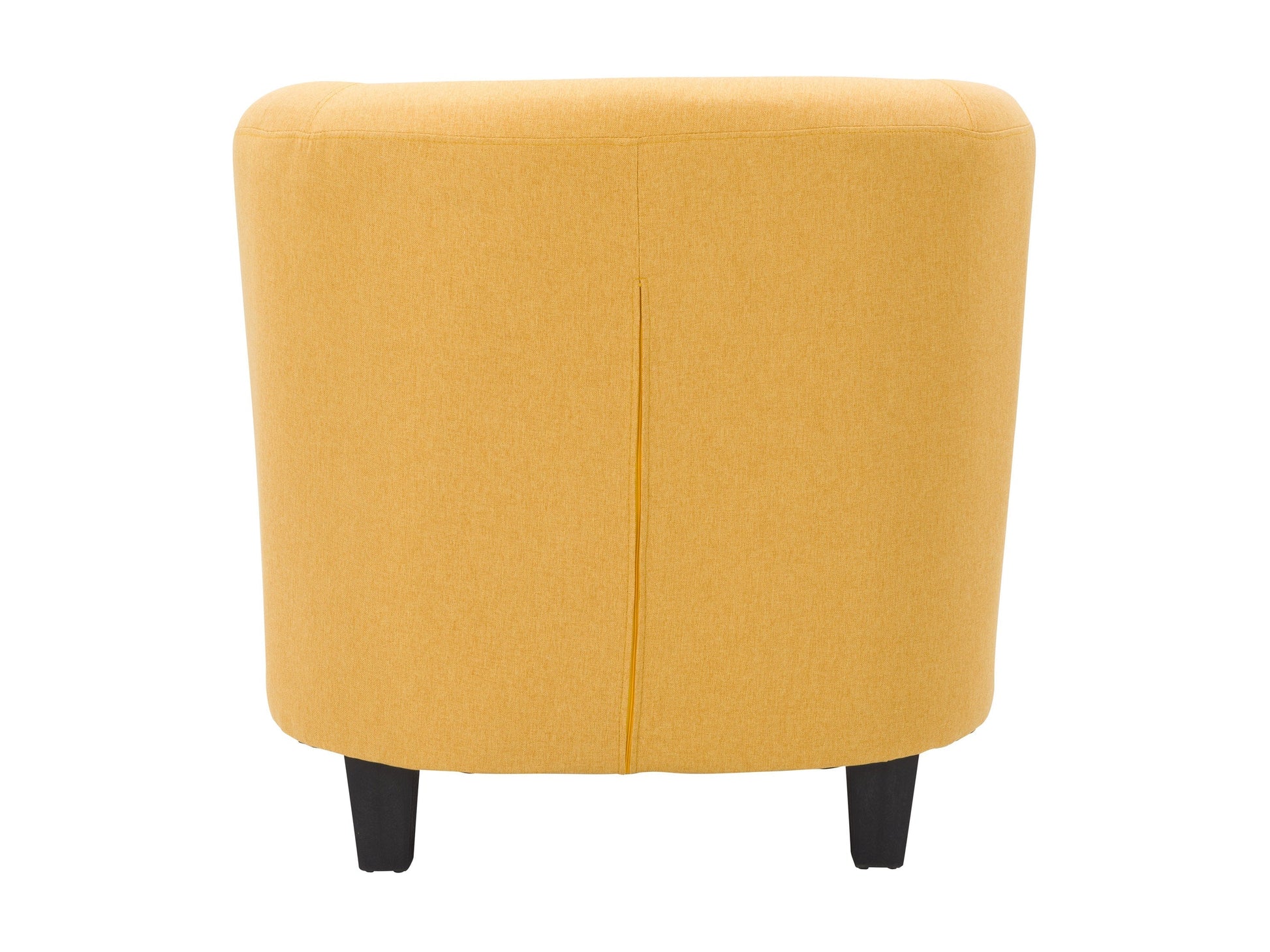 Yellow tub accent chair with plush upholstery, curved backrest, and wooden legs.