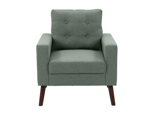 Green tufted accent chair with wooden legs, mid-century modern design, and plush fabric upholstery.