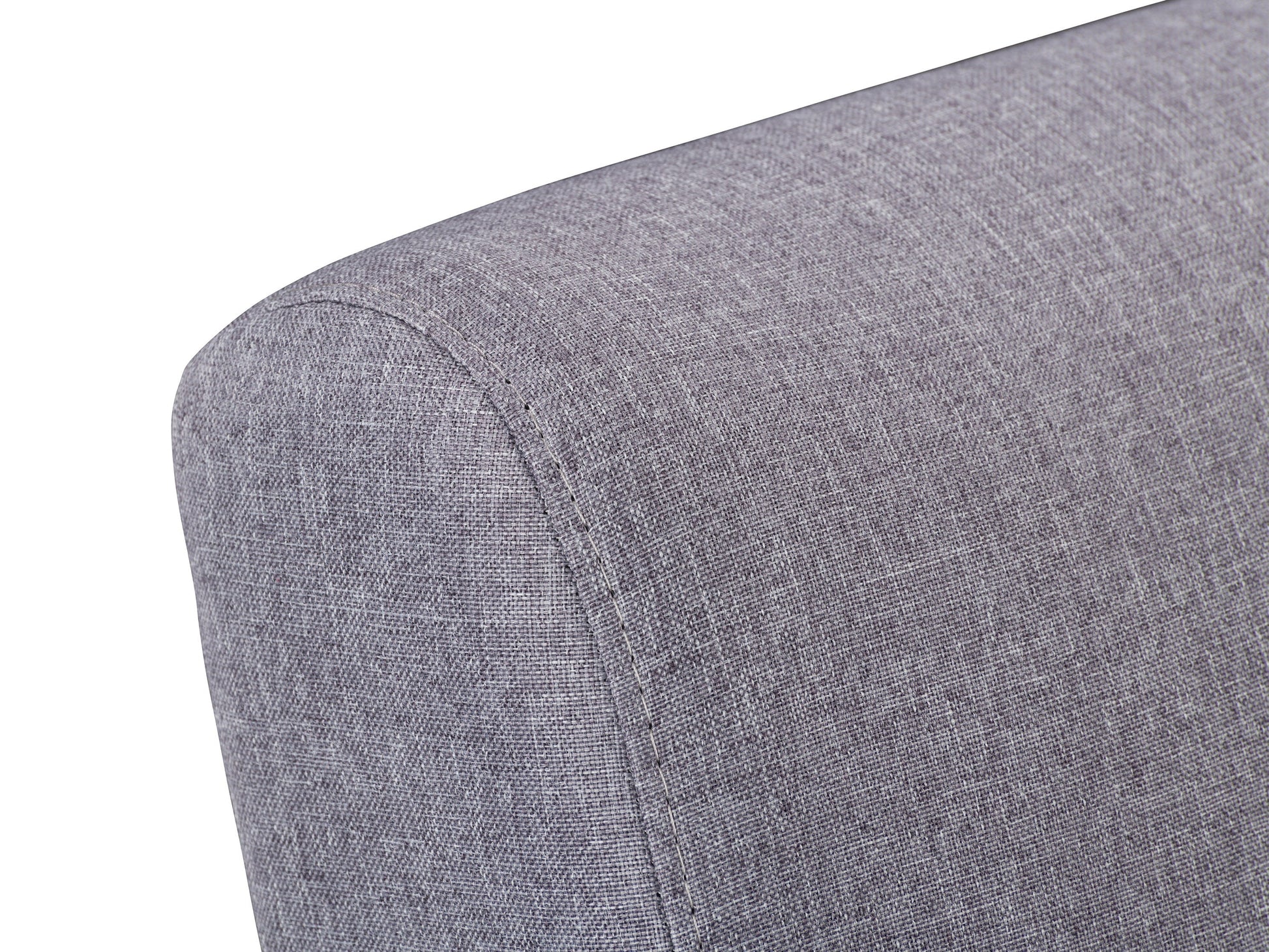 Grey wood accent chair with fabric upholstery, sleek armrests, and minimalist design.