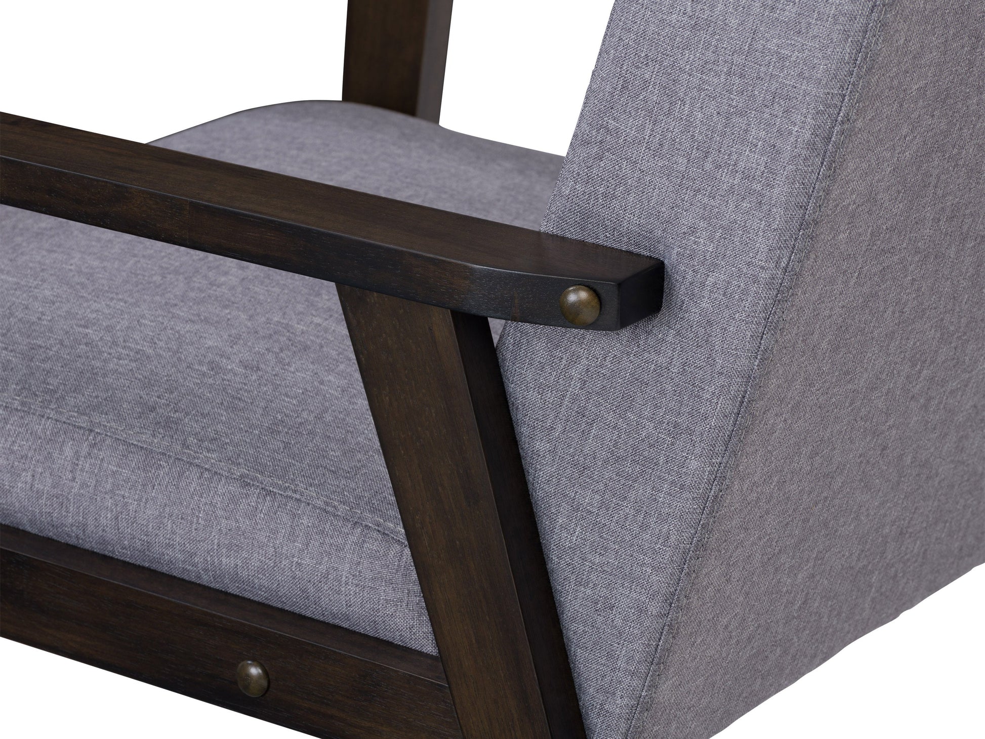 Grey wood accent chair with tufted cushion, sleek wooden frame, and minimalist design.