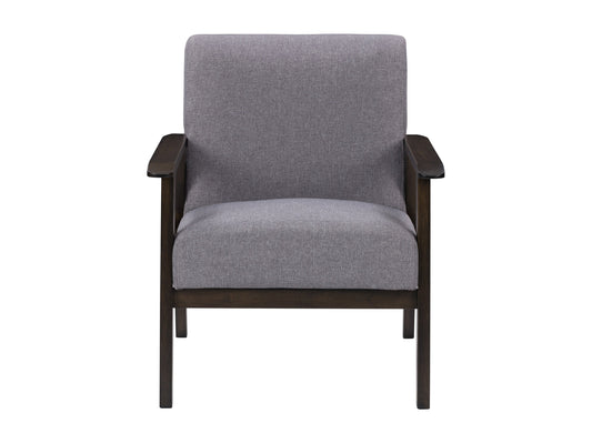 Grey wood accent chair with fabric upholstery, curved backrest, and padded seat for modern home decor.
