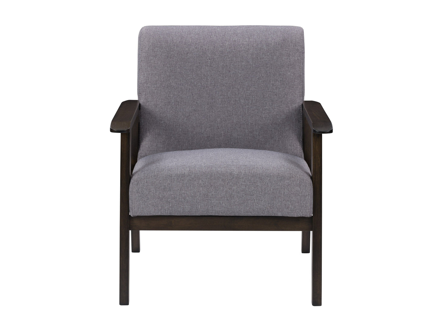 Grey wood accent chair with fabric upholstery, curved backrest, and padded seat for modern home decor.