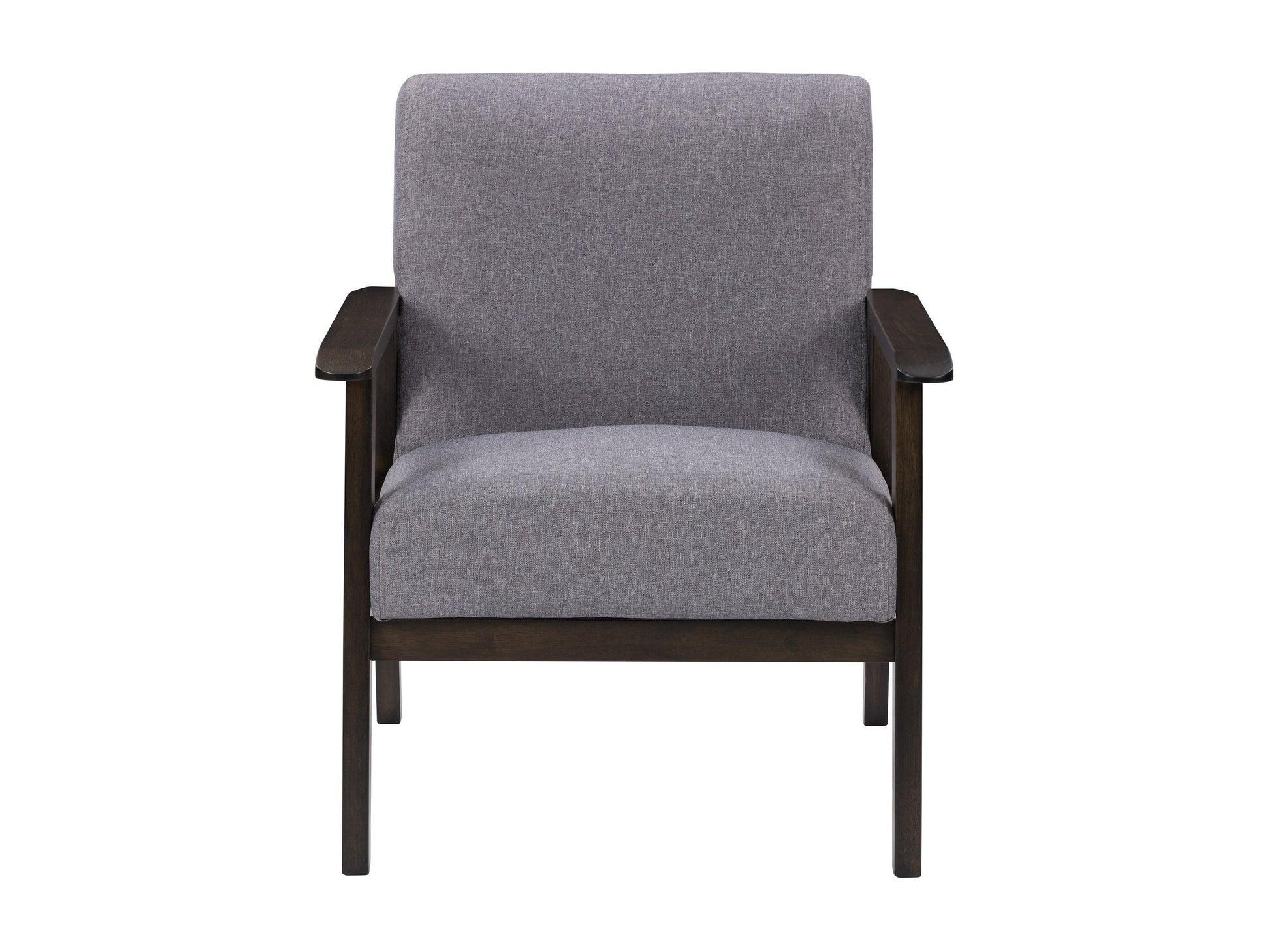 Grey wood accent chair with fabric upholstery, curved backrest, and padded seat for modern home decor.