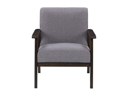 Grey wood accent chair with fabric upholstery, curved backrest, and padded seat for modern home decor.