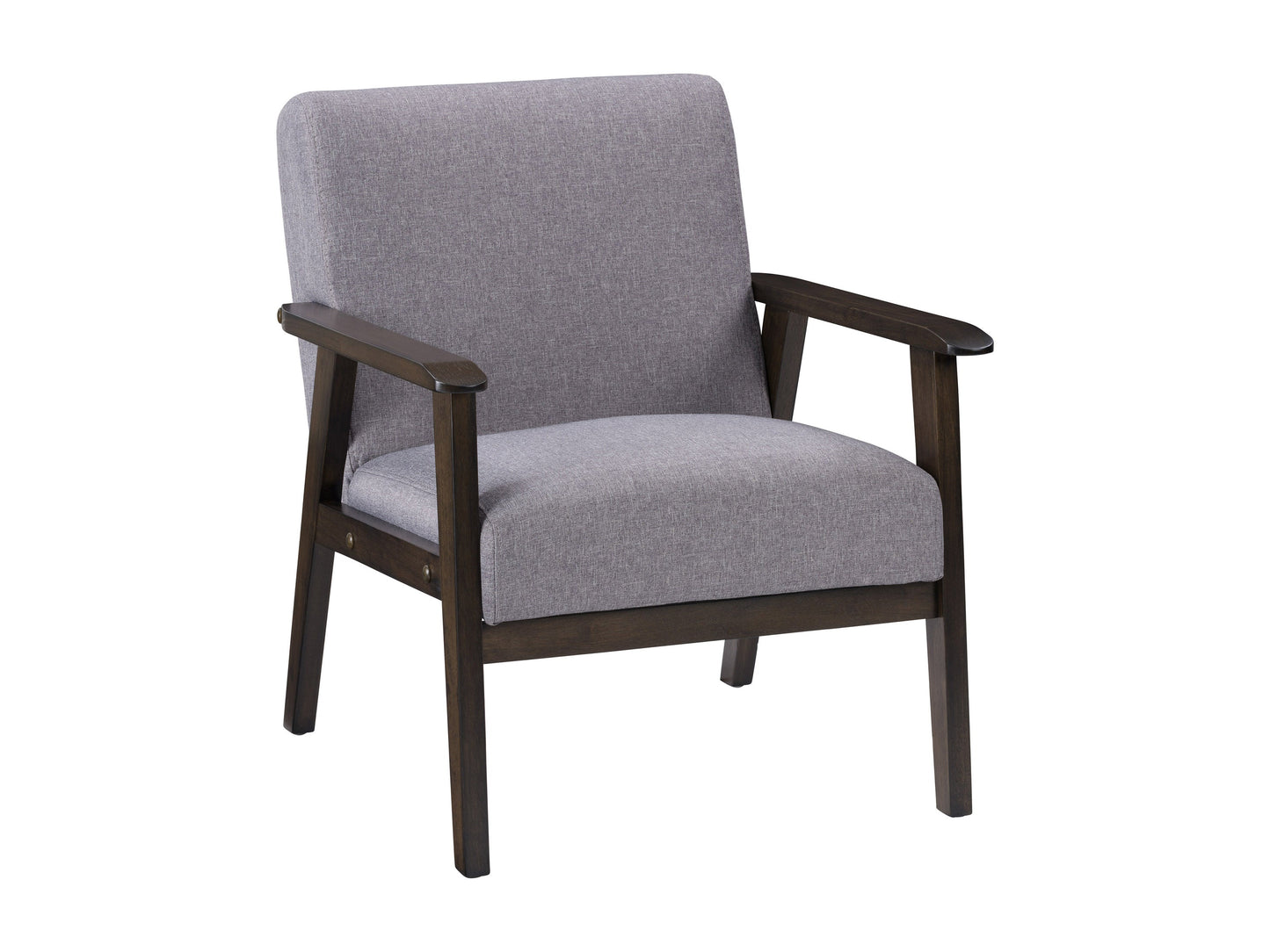Grey wood accent chair with plush fabric, curved backrest, and sleek modern design.