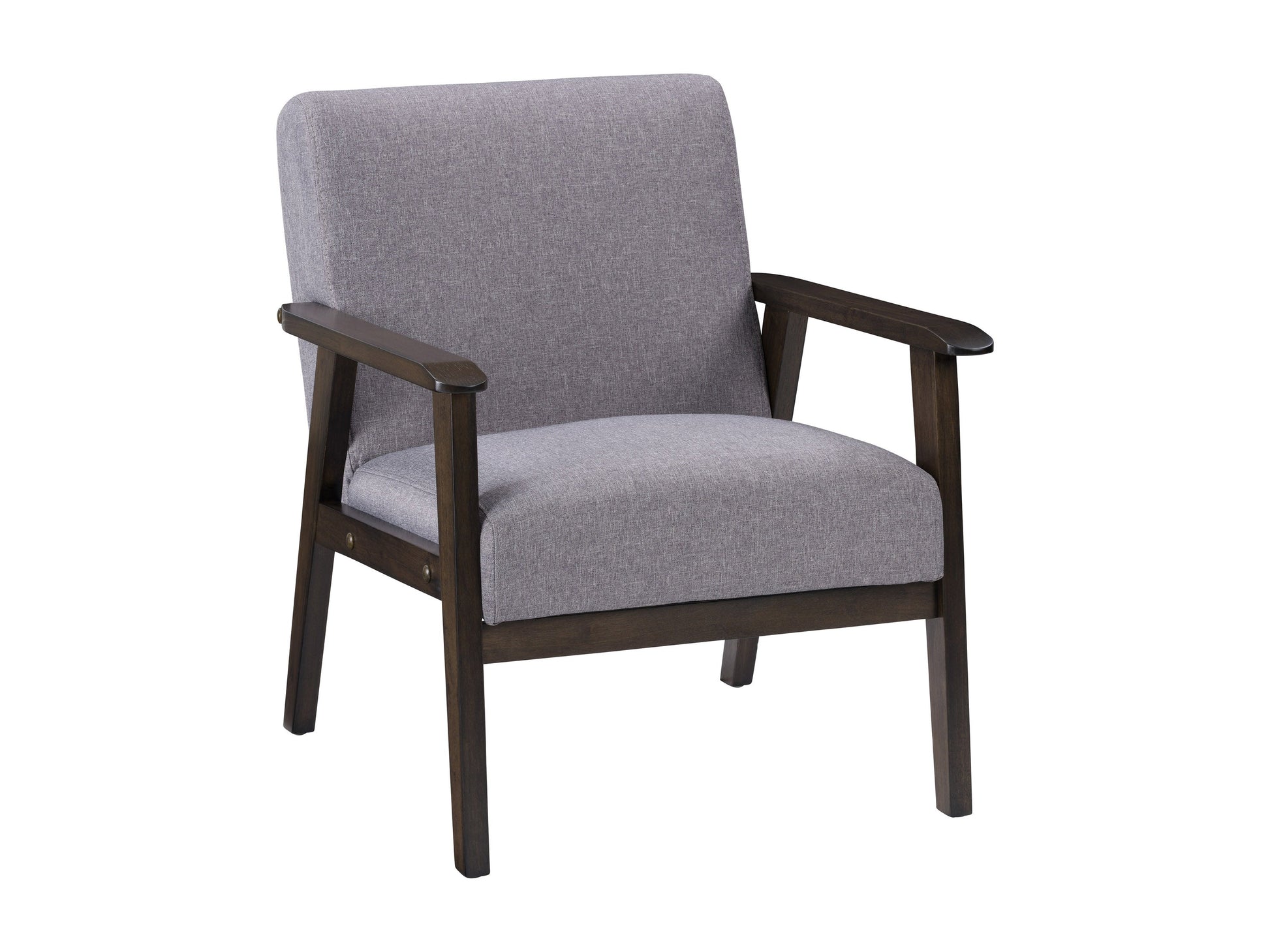 Grey wood accent chair with plush fabric, curved backrest, and sleek modern design.