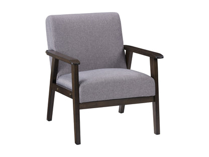 Grey wood accent chair with plush fabric, curved backrest, and sleek modern design.