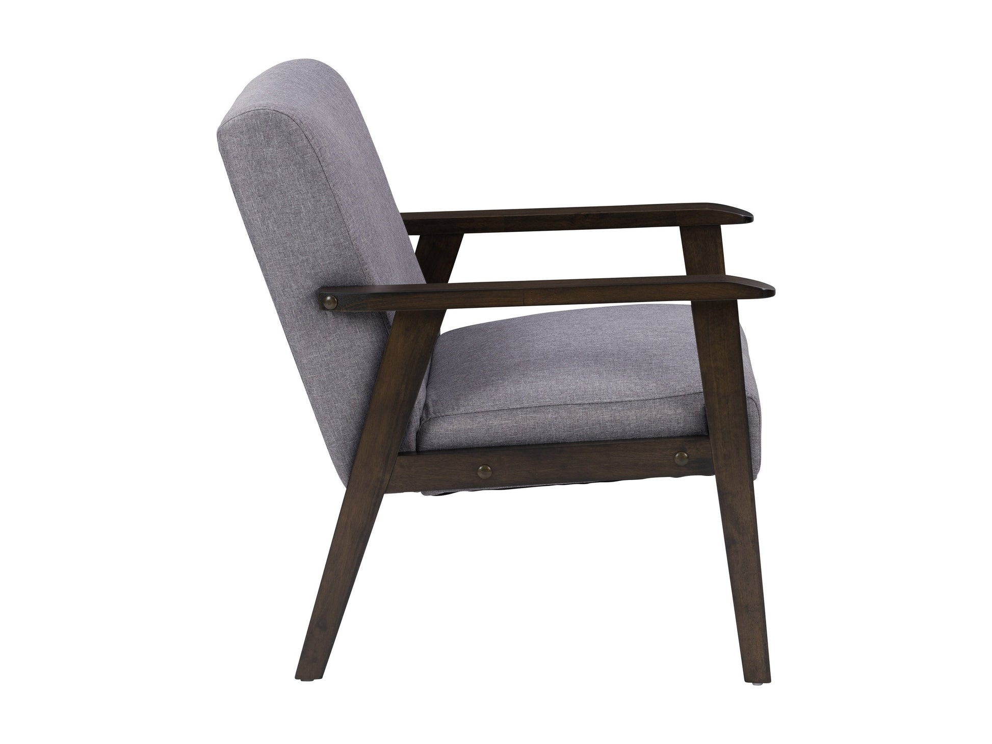 Grey wood accent chair with cushioned seat, wooden frame, and sleek design for modern living rooms.
