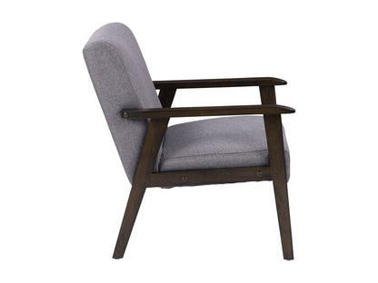 Grey wood accent chair with cushioned seat, wooden frame, and sleek design for modern living rooms.