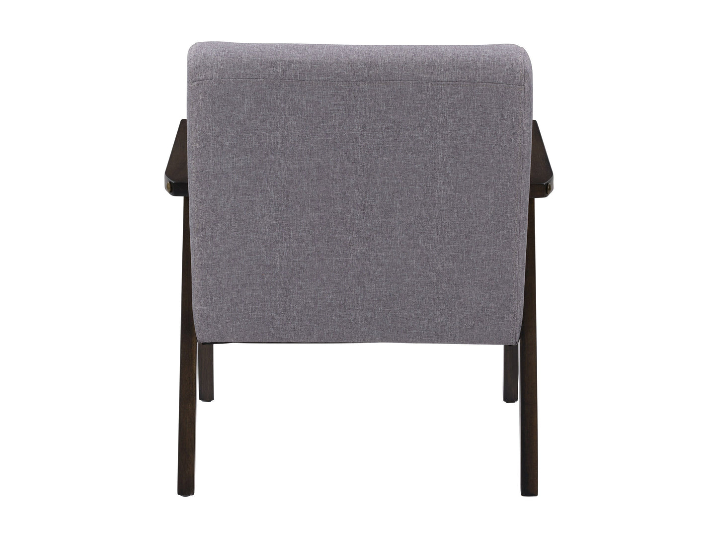 Grey wood accent chair with tufted cushions, sleek wooden legs, and modern minimalist design.