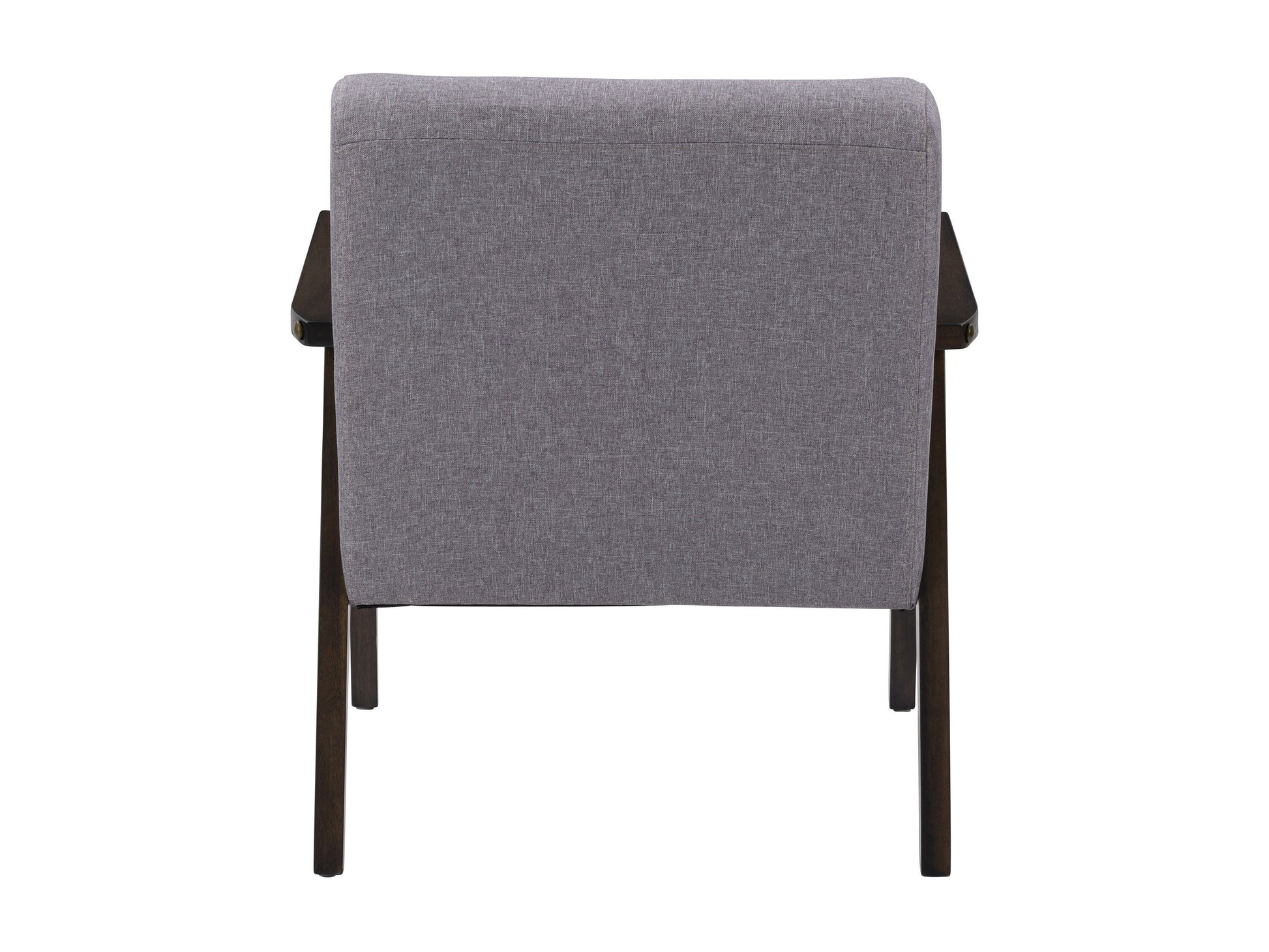 Grey wood accent chair with tufted cushions, sleek wooden legs, and modern minimalist design.