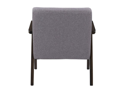 Grey wood accent chair with tufted cushions, sleek wooden legs, and modern minimalist design.