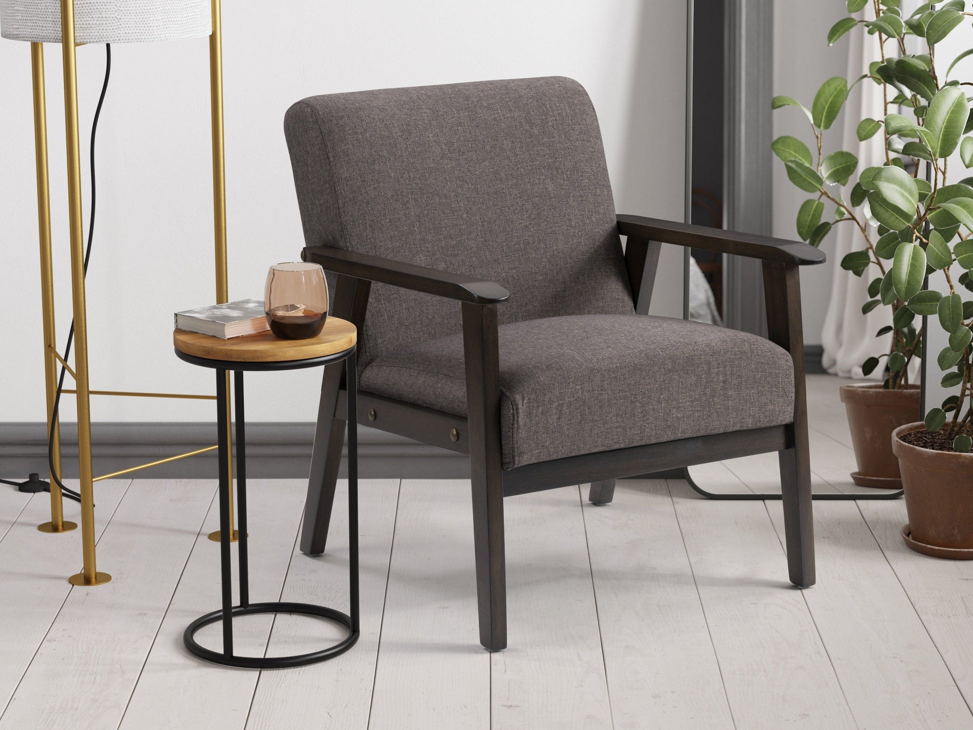 Brown wood accent chair with beige cushion, curved backrest, and sleek design for modern living rooms and offices.