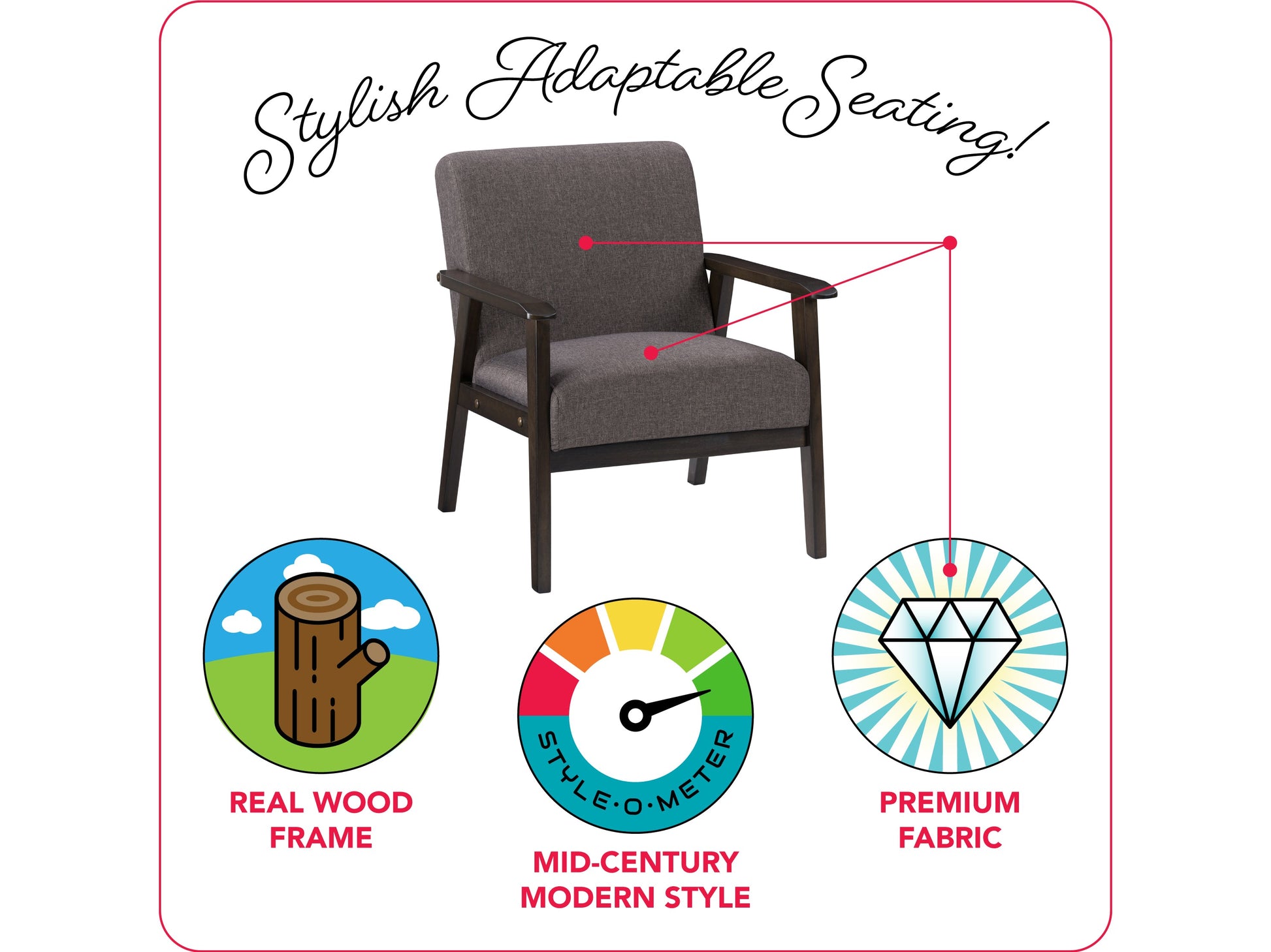 Brown wood accent chair with cushioned seat, curved backrest, and mid-century modern design.