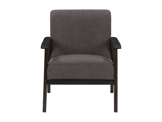 Brown wood accent chair with cushioned seat and backrest, featuring sleek lines and minimalist design.