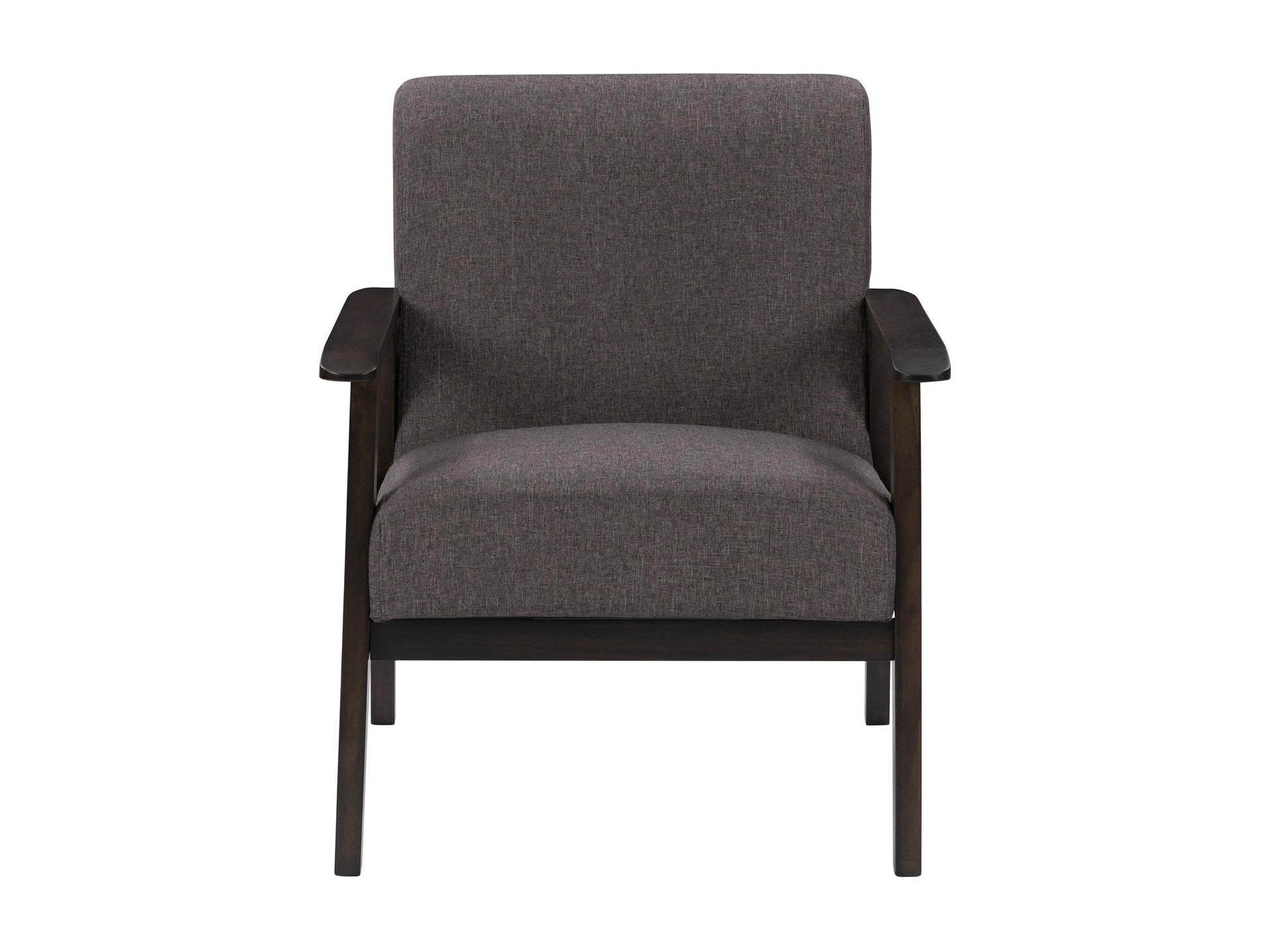 Brown wood accent chair with cushioned seat and backrest, featuring sleek lines and minimalist design.